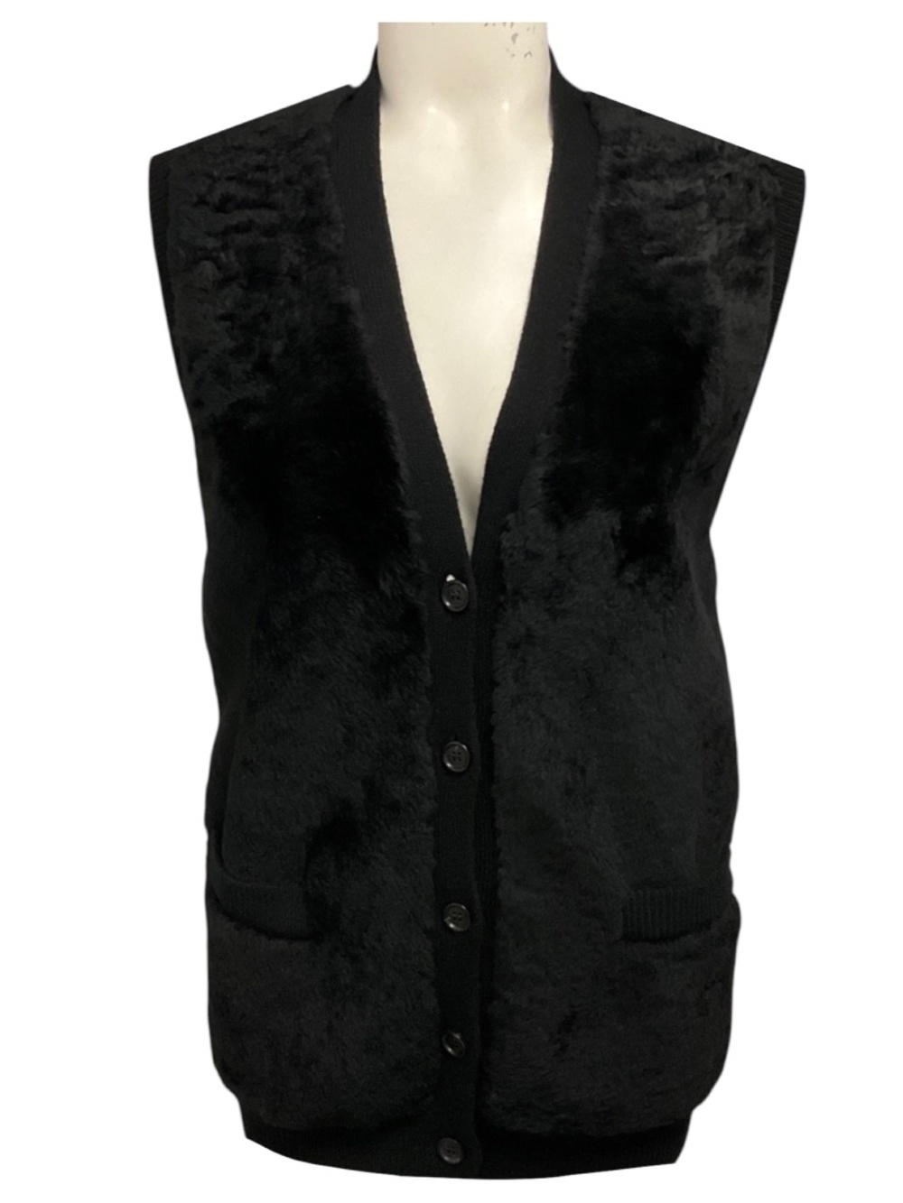 Prada Black Shearling Fur and Cashmere Knit Button Front Sweater Vest